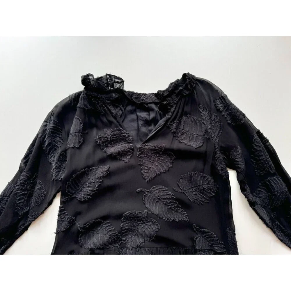 Aritzia WILFRED Dufour Black Sheer Leaf Jacquard Midi Peasant Dress, Size S - Picture 6 of 16